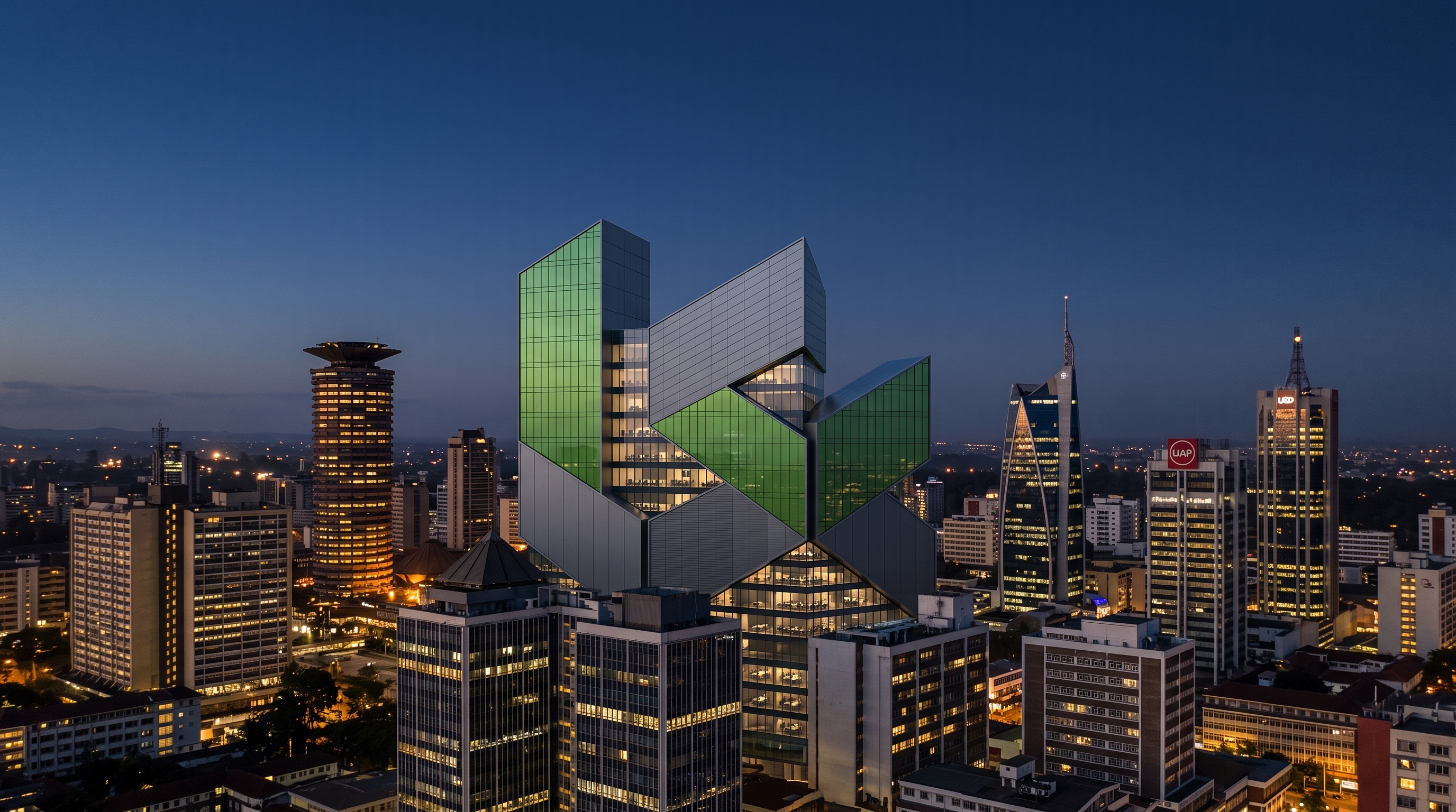 Landspace signature architectural landmark illuminating the Nairobi skyline at dusk